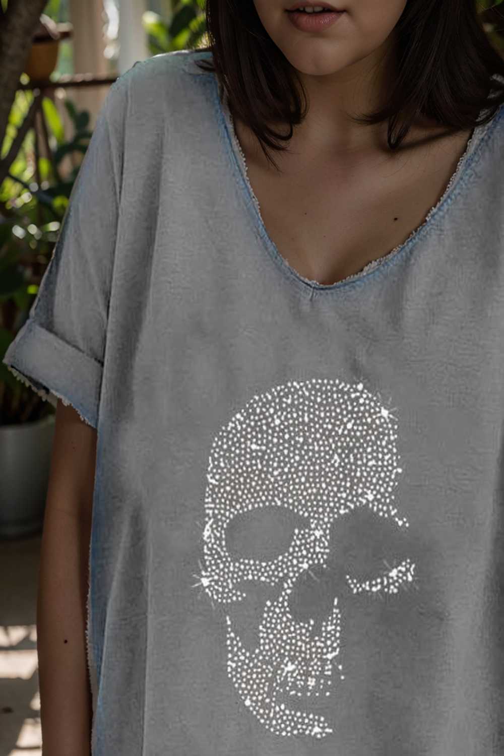 v neck skull print loose short sleeve t shirt 108341