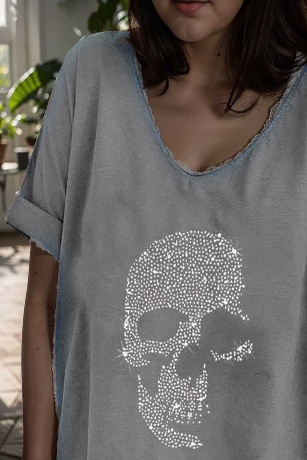 v neck skull print loose short sleeve t shirt 108340