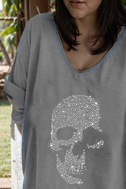 v neck skull print loose short sleeve t shirt 108339