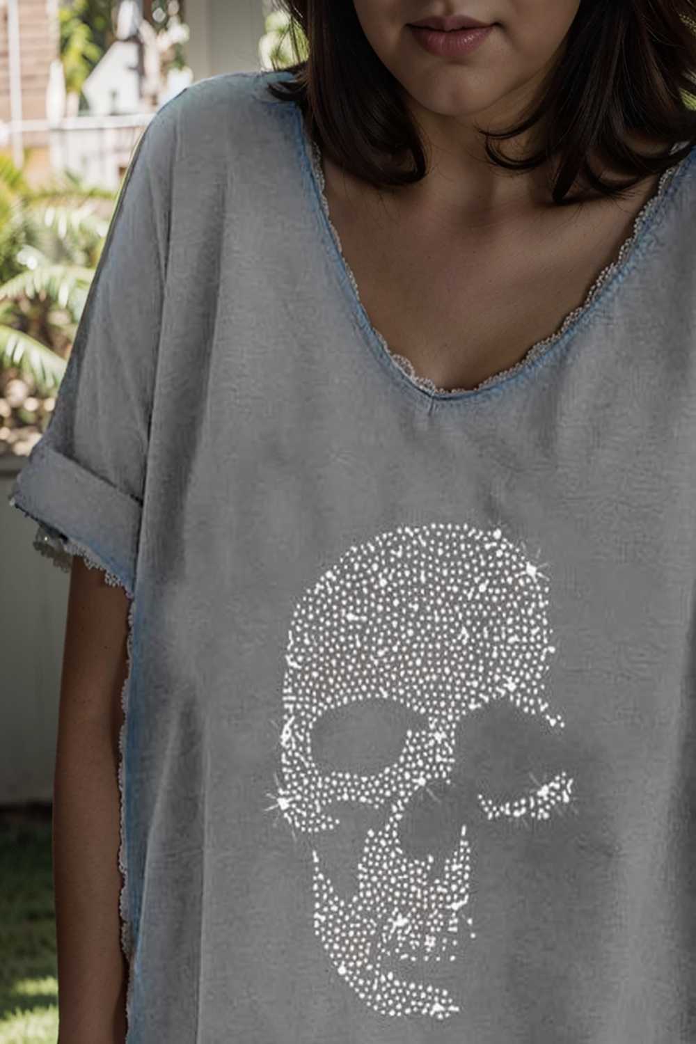 v neck skull print loose short sleeve t shirt 108338