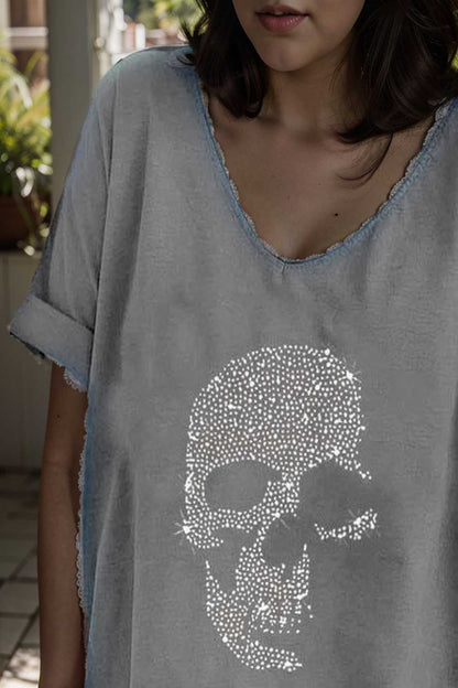 v neck skull print loose short sleeve t shirt 108337