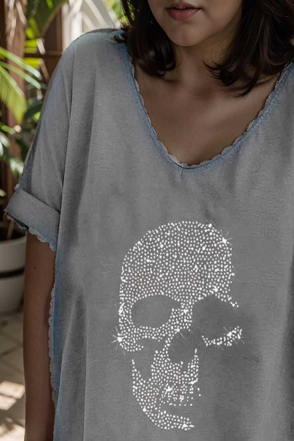 v neck skull print loose short sleeve t shirt 108336