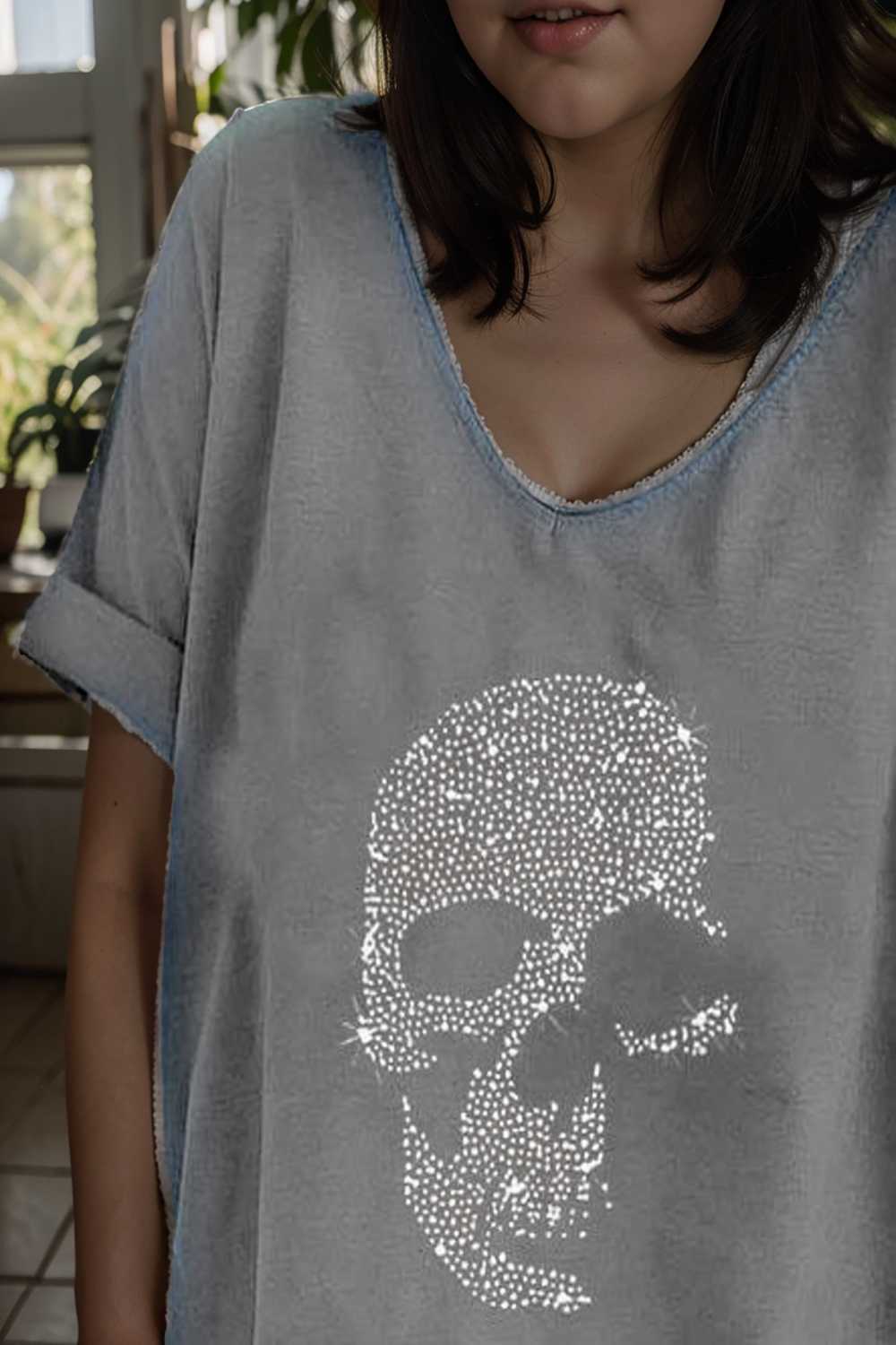 v neck skull print loose short sleeve t shirt 108335
