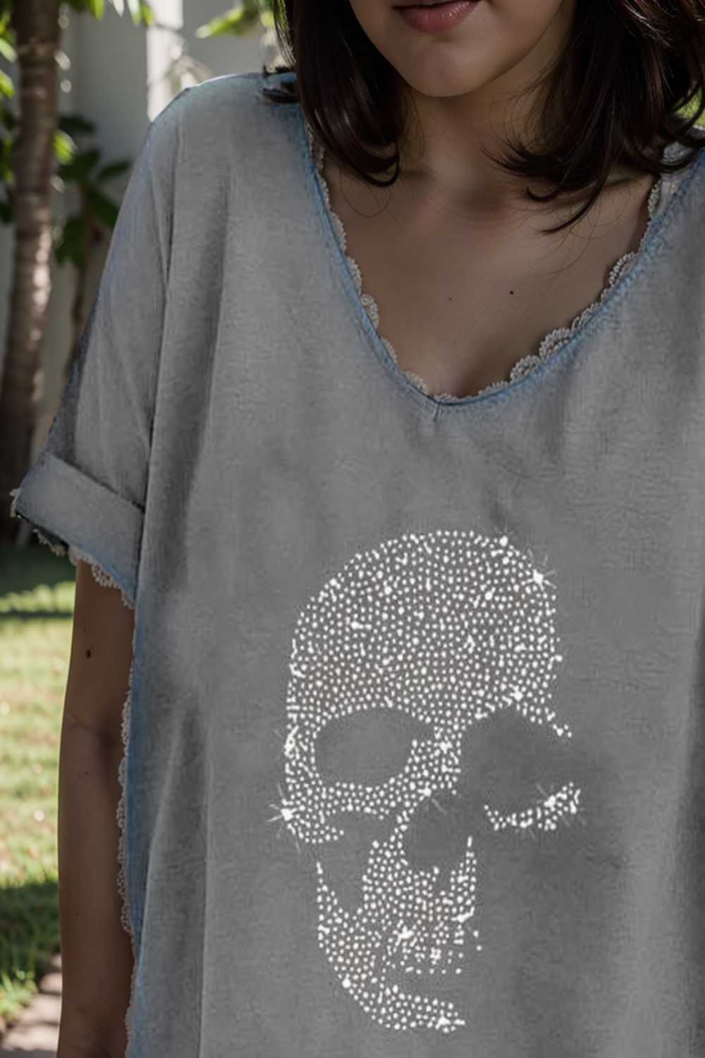 v neck skull print loose short sleeve t shirt 108334