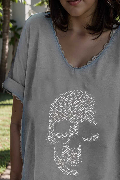 v neck skull print loose short sleeve t shirt 108334