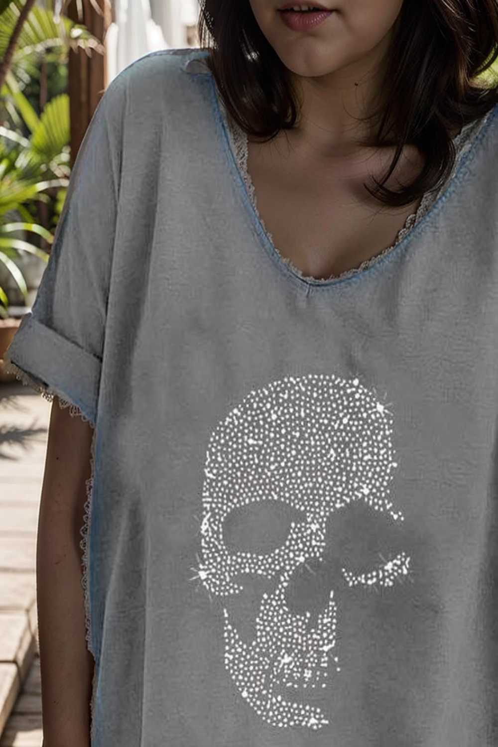 v neck skull print loose short sleeve t shirt 108333