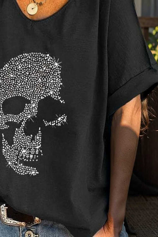 v neck skull print loose short sleeve t shirt 107294