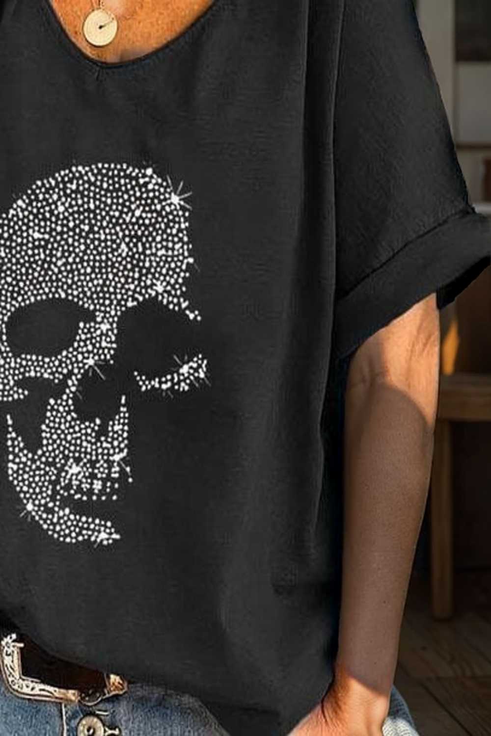 v neck skull print loose short sleeve t shirt 108330