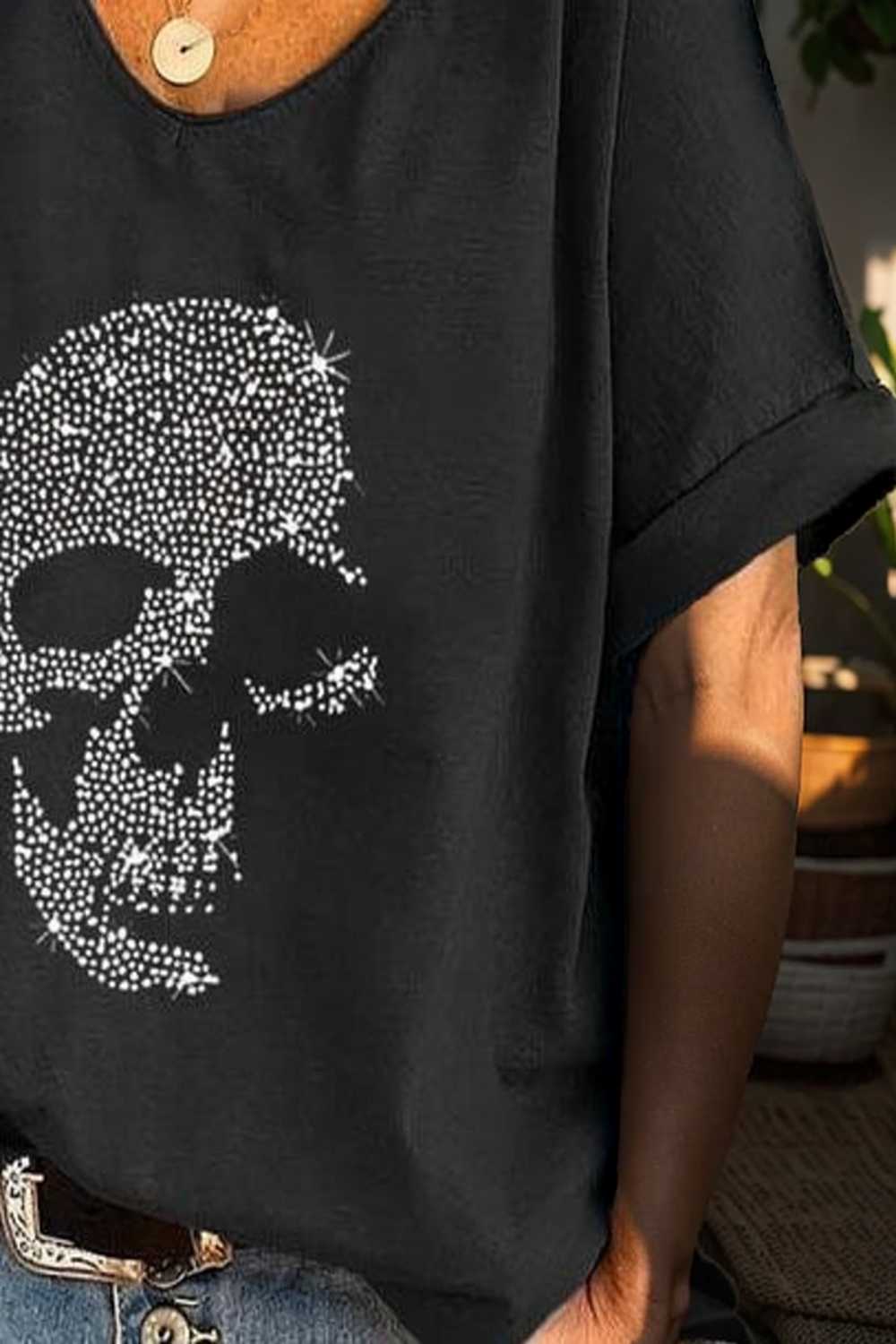 v neck skull print loose short sleeve t shirt 108685