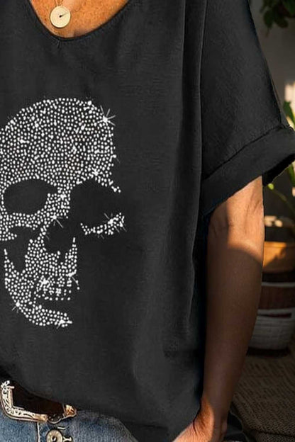v neck skull print loose short sleeve t shirt 108685