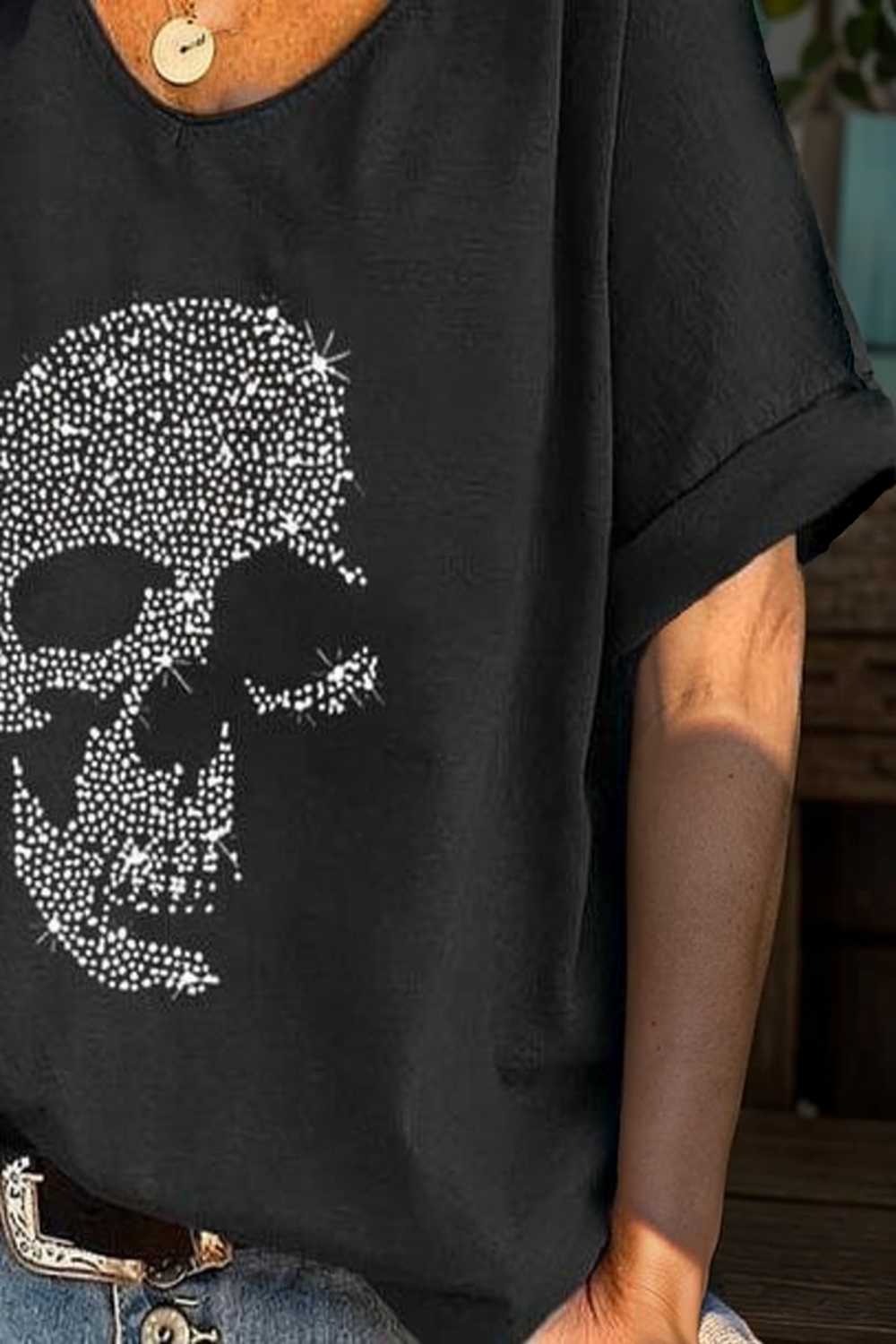 v neck skull print loose short sleeve t shirt 108329