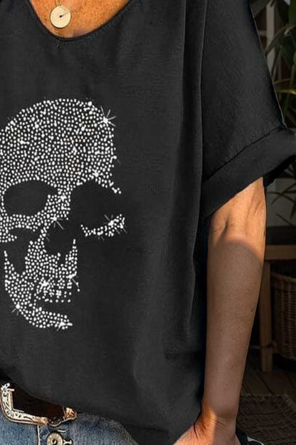 v neck skull print loose short sleeve t shirt 108684