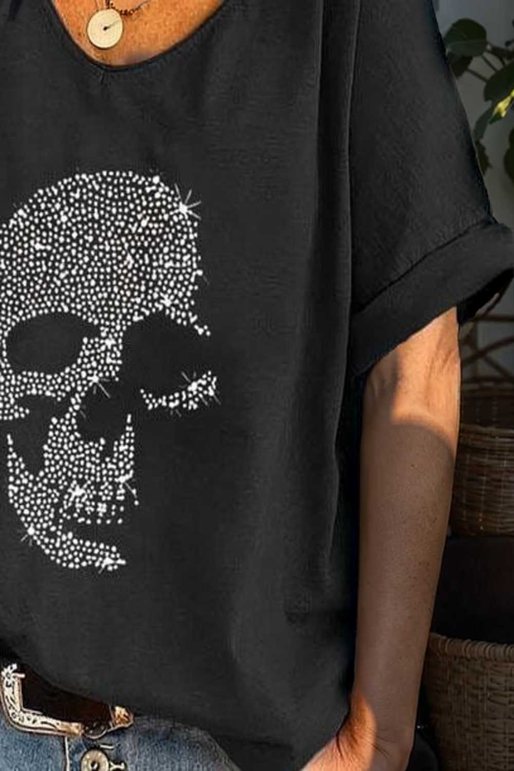 v neck skull print loose short sleeve t shirt 108327