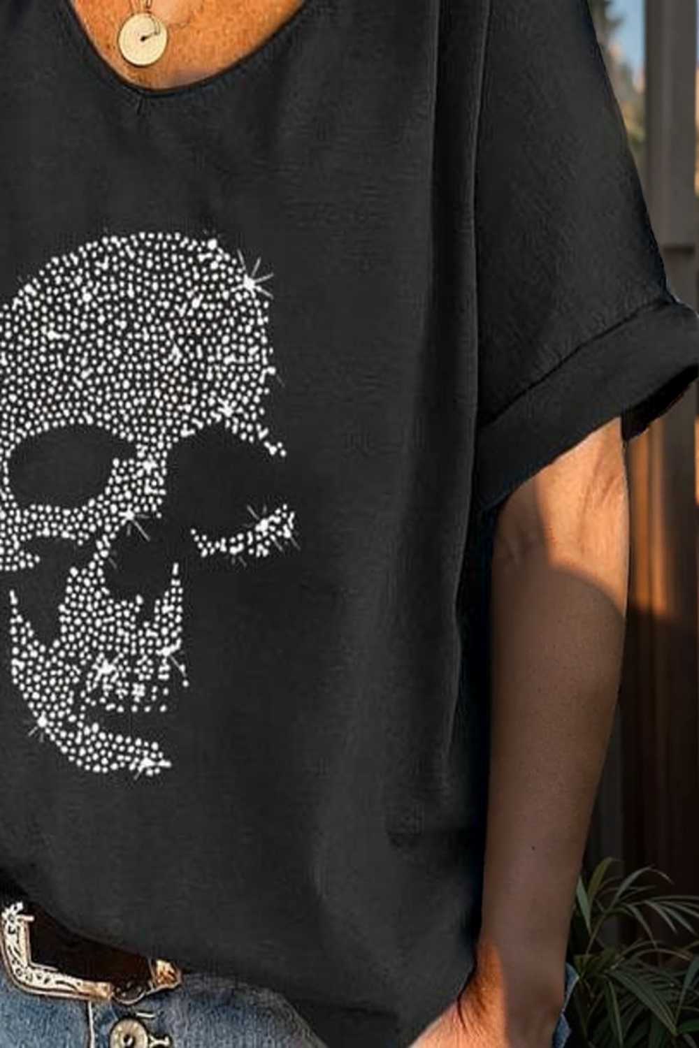 v neck skull print loose short sleeve t shirt 108682