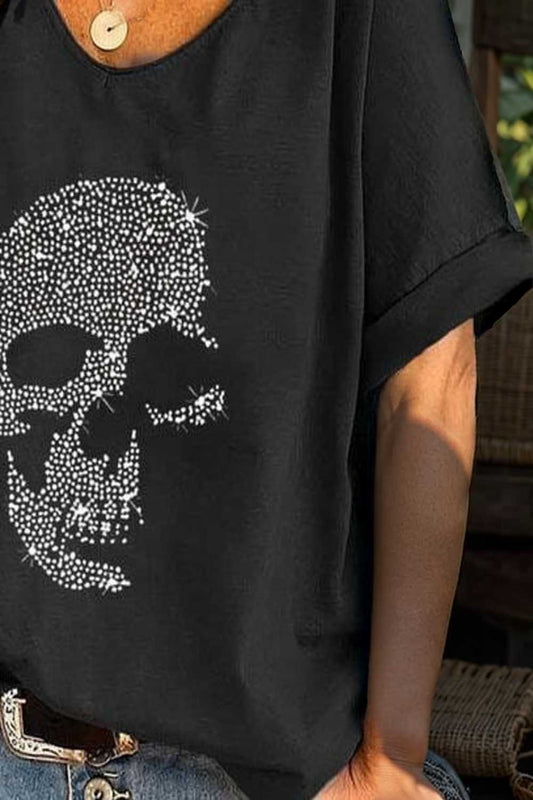 v neck skull print loose short sleeve t shirt 108681