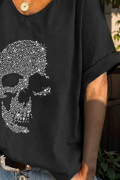 v neck skull print loose short sleeve t shirt 108326