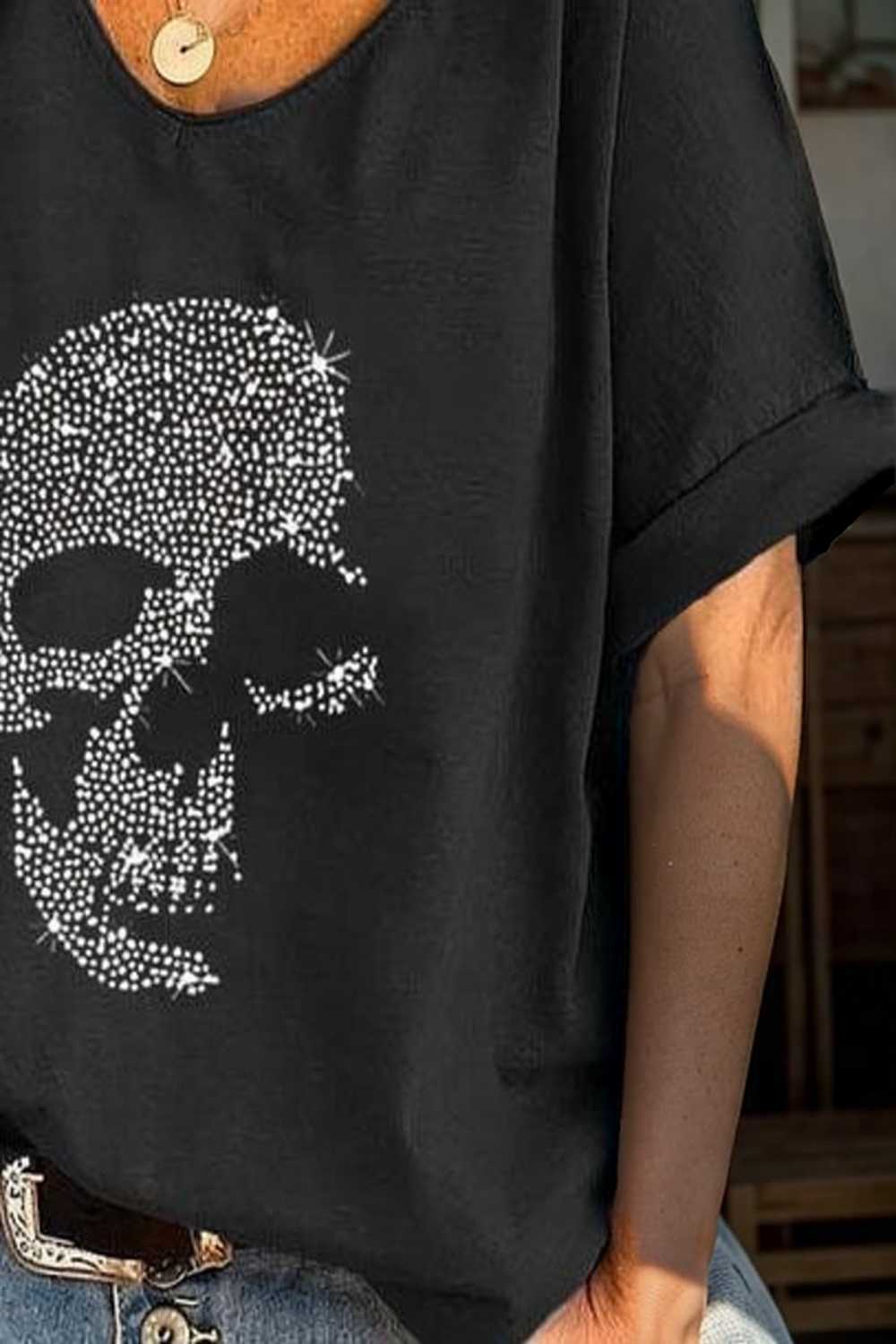 v neck skull print loose short sleeve t shirt 108325