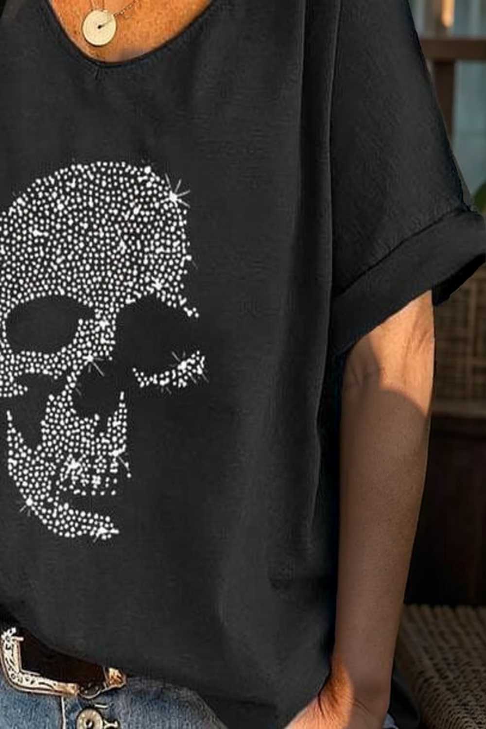 v neck skull print loose short sleeve t shirt 108324