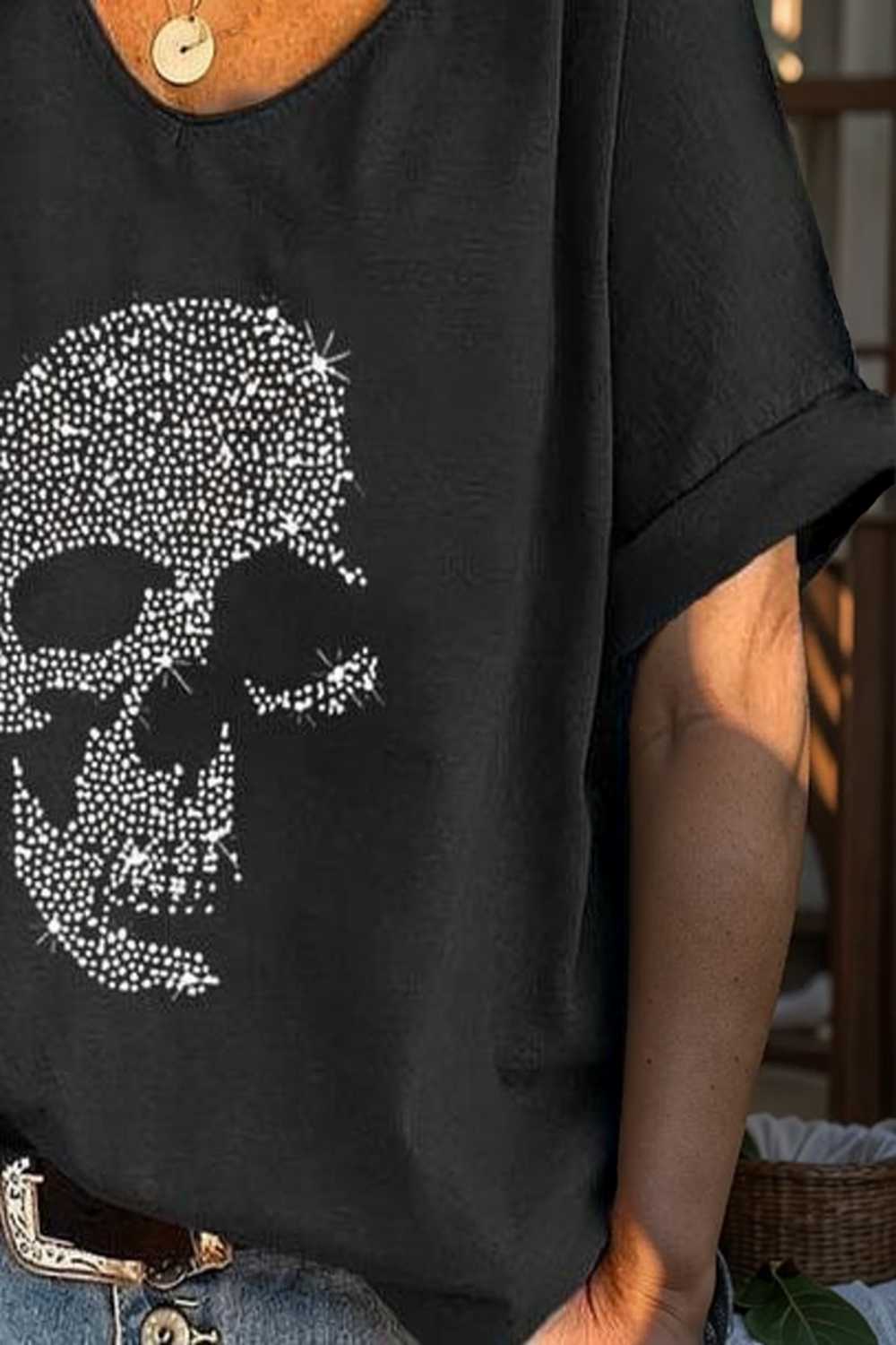 v neck skull print loose short sleeve t shirt 108320