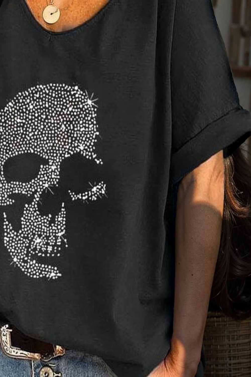 v neck skull print loose short sleeve t shirt 108318