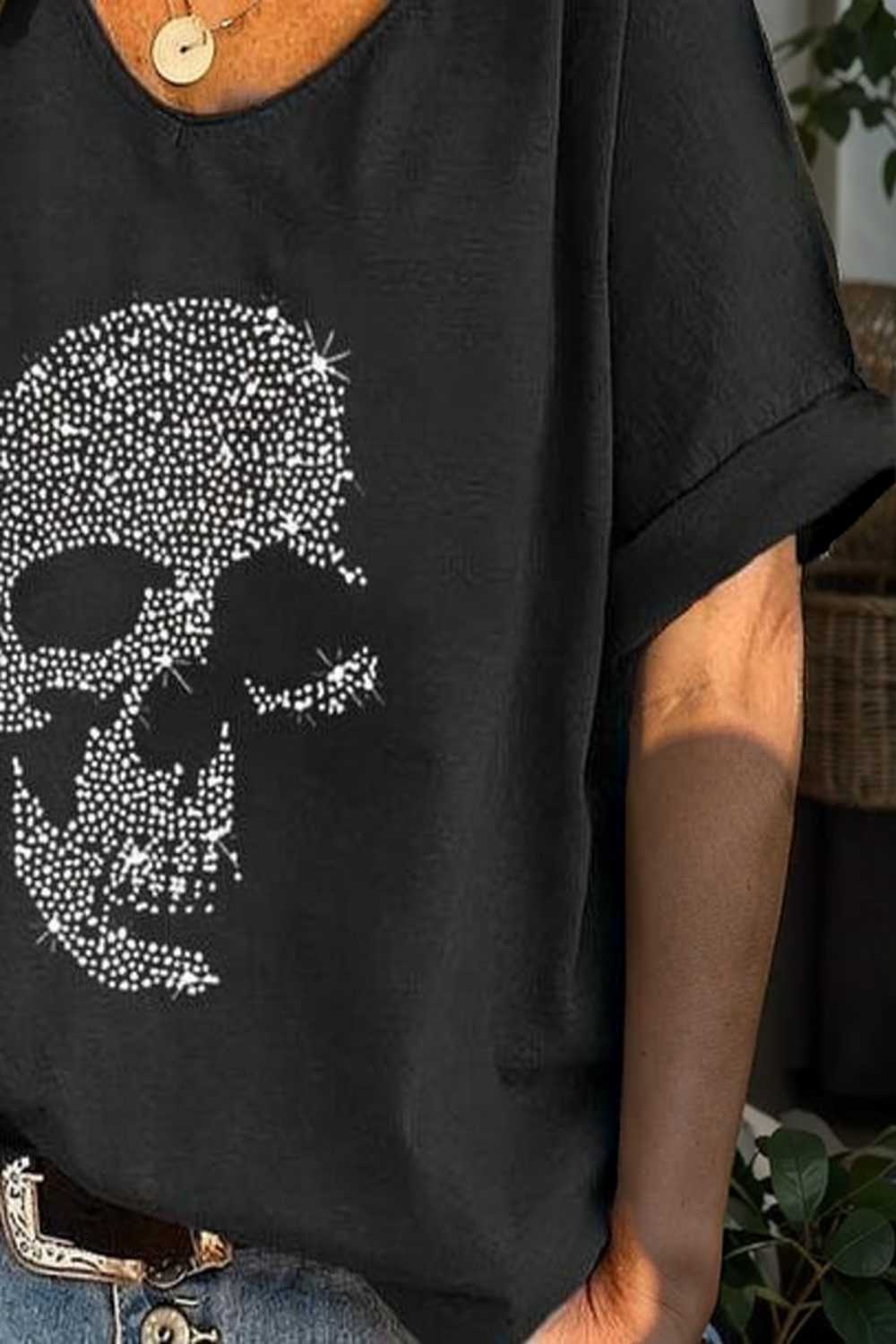 v neck skull print loose short sleeve t shirt 108317