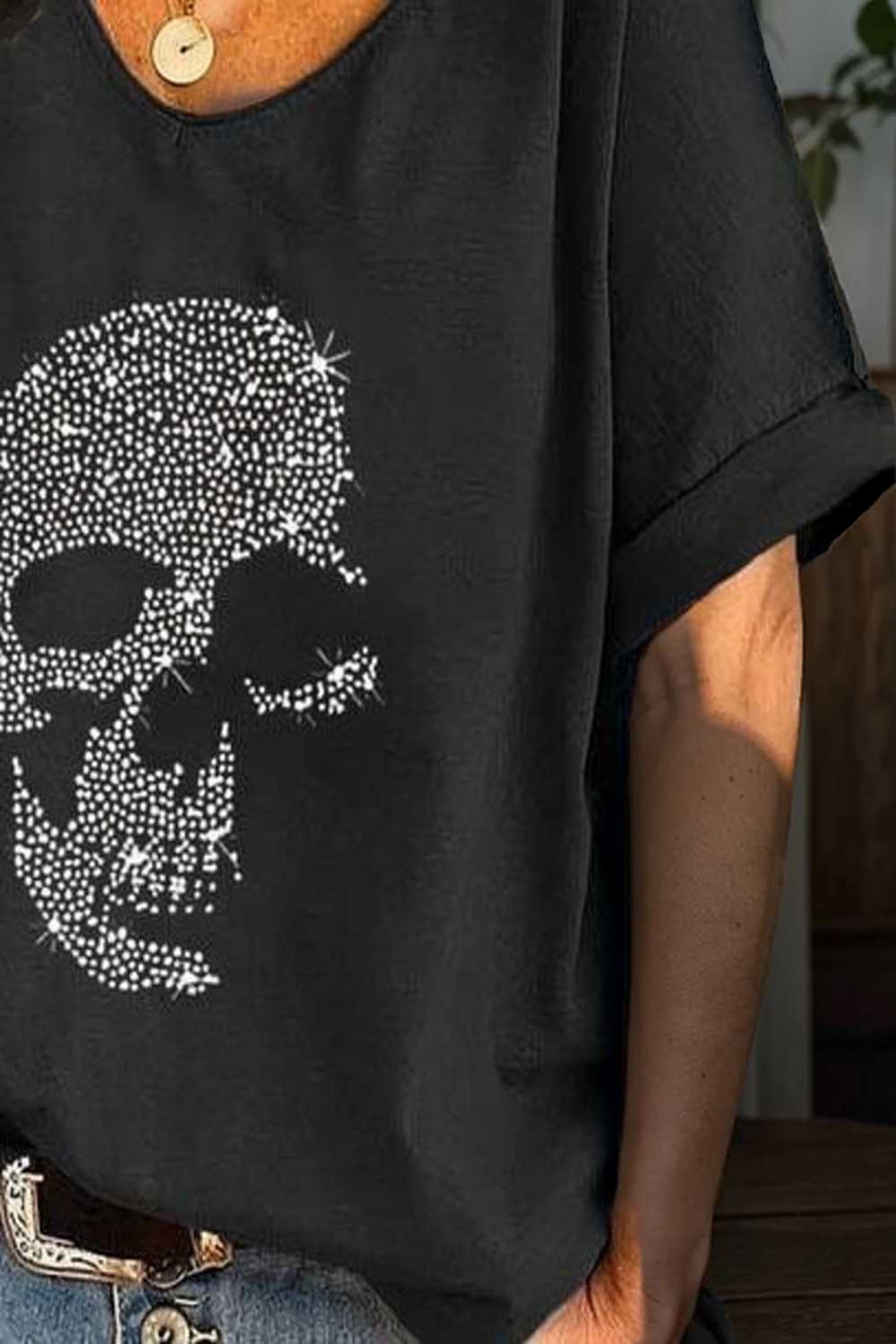 v neck skull print loose short sleeve t shirt 108315
