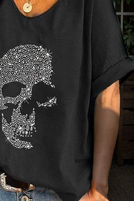 v neck skull print loose short sleeve t shirt 108313