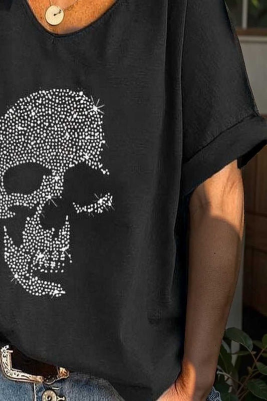 v neck skull print loose short sleeve t shirt 111047