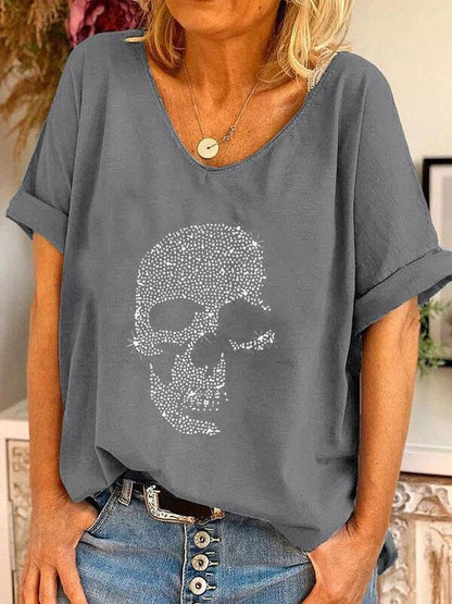 T-Shirts - V-neck Skull Print Loose Short Sleeve T-shirt - MsDressly