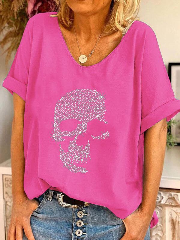 V-neck Skull Print Loose Short Sleeve T-shirt