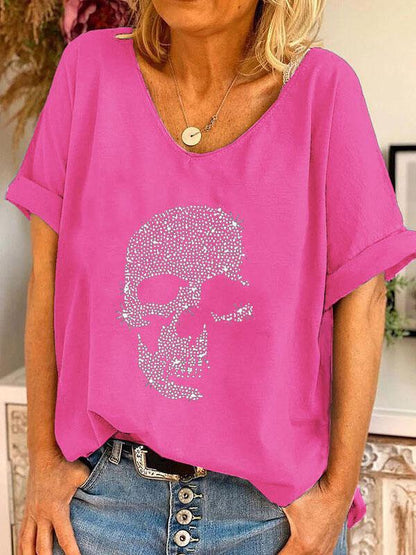 T-Shirts - V-neck Skull Print Loose Short Sleeve T-shirt - MsDressly