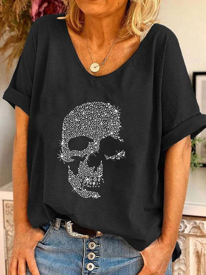 T-Shirts - V-neck Skull Print Loose Short Sleeve T-shirt - MsDressly