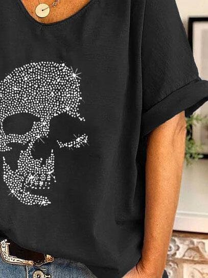 T-Shirts - V-neck Skull Print Loose Short Sleeve T-shirt - MsDressly