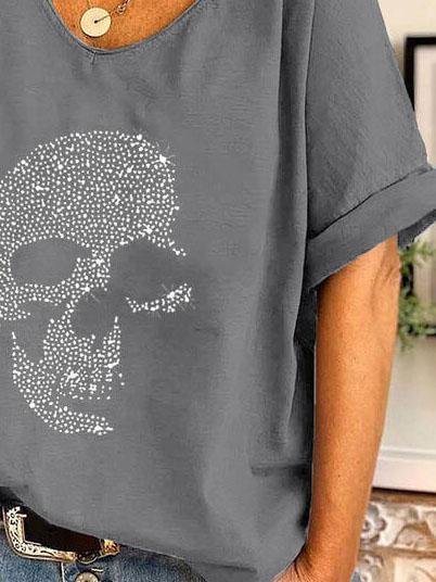 T-Shirts - V-neck Skull Print Loose Short Sleeve T-shirt - MsDressly