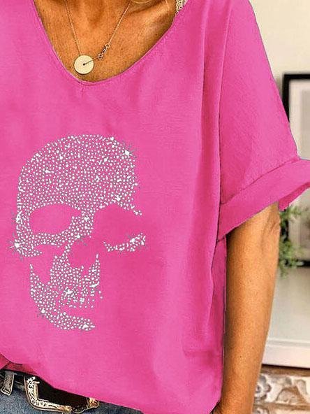 T-Shirts - V-neck Skull Print Loose Short Sleeve T-shirt - MsDressly