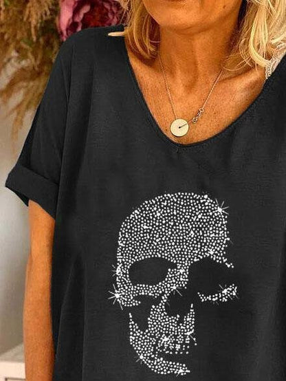 T-Shirts - V-neck Skull Print Loose Short Sleeve T-shirt - MsDressly