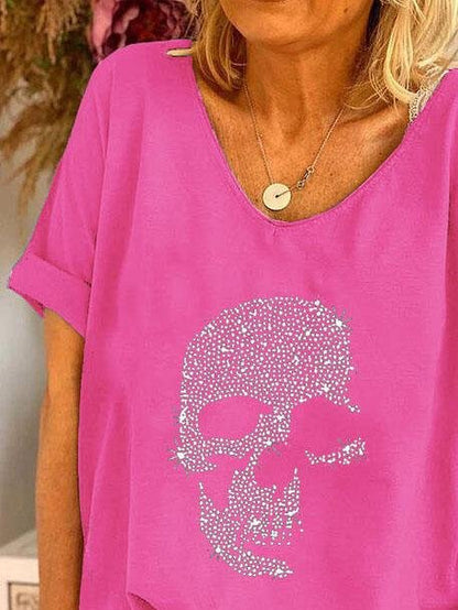 T-Shirts - V-neck Skull Print Loose Short Sleeve T-shirt - MsDressly