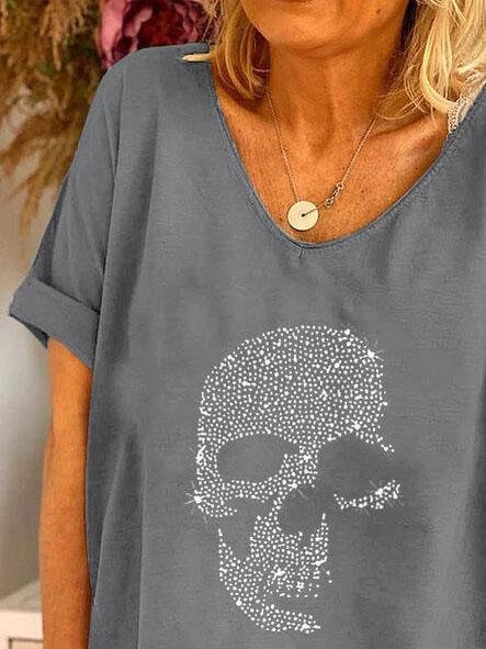 T-Shirts - V-neck Skull Print Loose Short Sleeve T-shirt - MsDressly