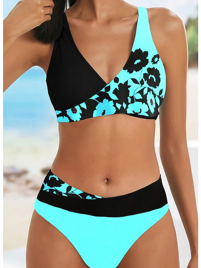 Women's Swimwear Bikini 2 Piece Normal Swimsuit High Waisted Color Block Floral Print Green Blue Yellow Rosy Pink Royal Blue Padded V Wire Bathing Suits Sports Vacation Sexy / New - LuckyFash™