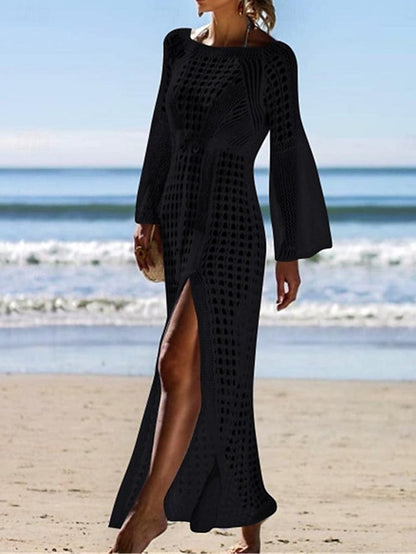 Women's White Dress Summer Dress Cover Up Long Dress Maxi Dress Hollow Out Split Vacation Beach Hawaiian Maxi Crew Neck Long Sleeve Black White Apricot Color