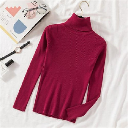 Women's Pullover Sweater Jumper Turtleneck Ribbed Knit Spandex Knitted Thin Fall Winter Daily Basic Casual Long Sleeve Solid Color caramel Black White One-Size 2XL / 3XL S / M