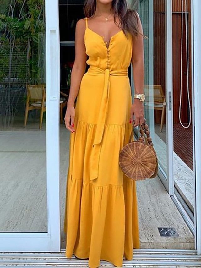 Women's White Dress Summer Dress Maxi long Dress Button Print Wedding Party Daily Elegant Modern Spaghetti Strap Sleeveless White Yellow Red Color