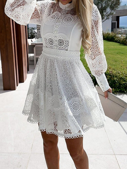 Women's White Dress Lace Dress Casual Dress Mini Dress Lace Patchwork Date Streetwear A Line Stand Collar Long Sleeve Black White Color