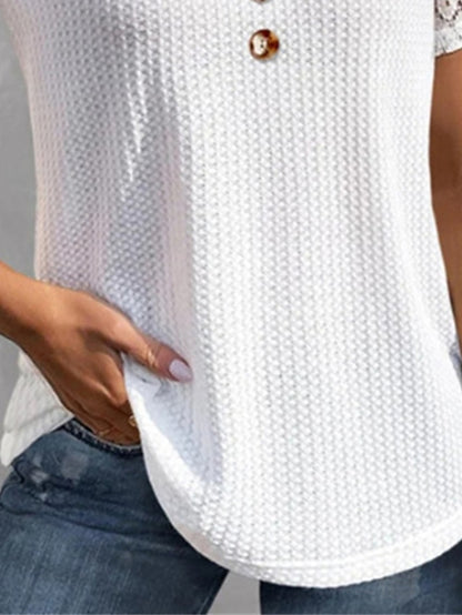 Women's Pullover Sweater Jumper Jumper Waffle Knit Button Lace Trims Pure Color V Neck Stylish Casual Outdoor Daily Summer Spring White S M L - LuckyFash™