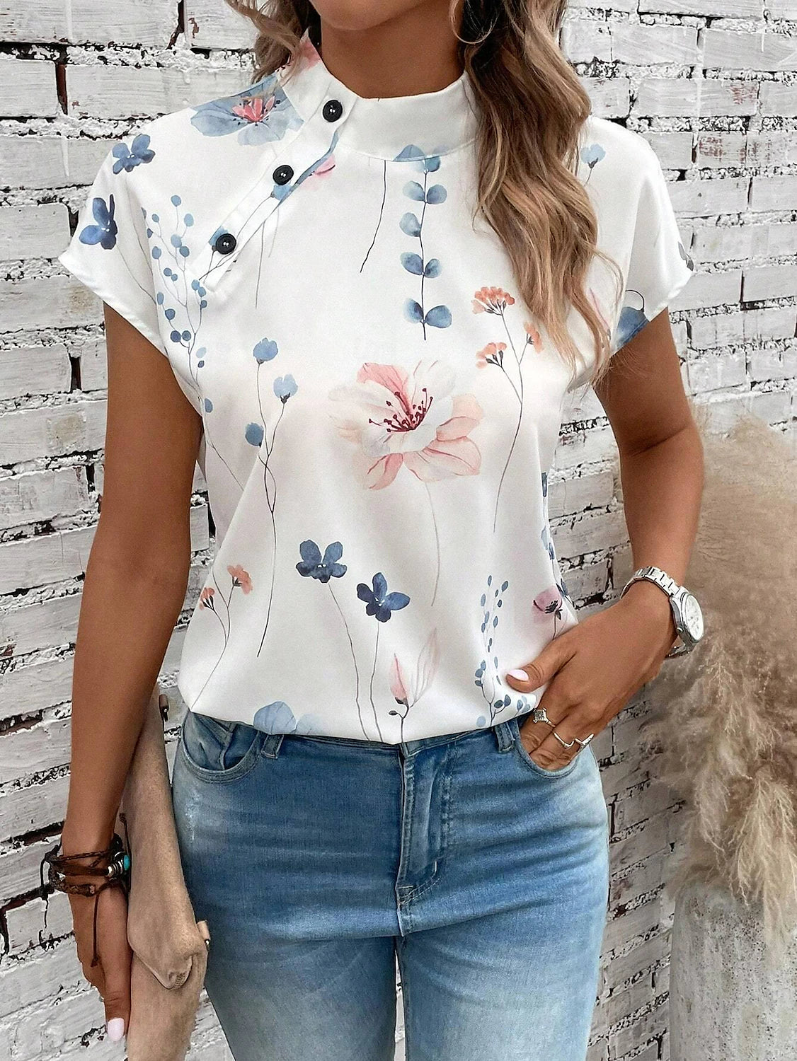 Women's Shirt Blouse Floral Print Black White Button Cap Sleeve Casual Work High Neck Short Sleeve Summer Blouse