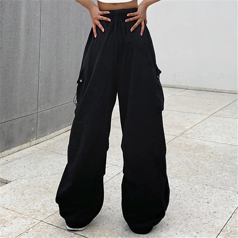 Women‘s Cargo parachute pants Wide Leg Trousers Baggy Full Length Baggy Micro-elastic High Waist Fashion Casual Daily ArmyGreen Black S M Spring & Fall