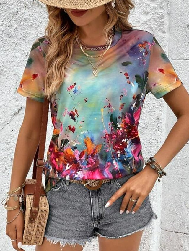 Women's T shirt Tee Floral Casual Holiday Print Black Short Sleeve Fashion Round Neck Summer