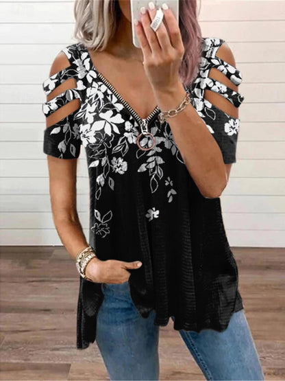 Women's Shirt Blouse Floral Geometric Color Block Casual Patchwork Zipper Print Black Short Sleeve Fashion Modern V Neck Summer