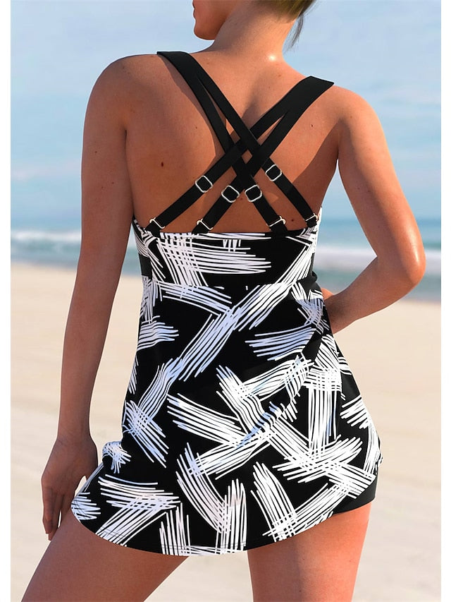 Women's Swimwear Tankini Swim Dress 2 Piece Plus Size Swimsuit Open Back Striped Black White Rosy Pink Blue V Wire Bathing Suits New Vacation Casual - LuckyFash™