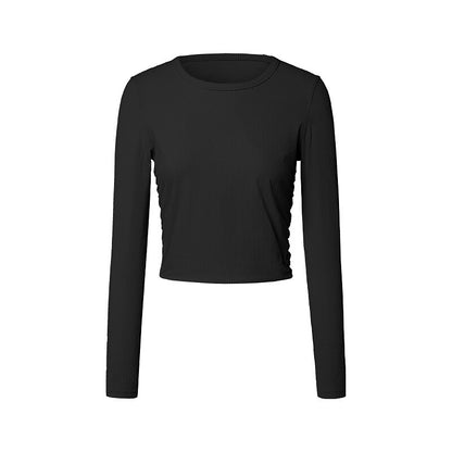 Women's Running T-Shirt Solid Color Yoga Fitness Ribbed Black White Pink Crew Neck High Elasticity Spring &  Fall